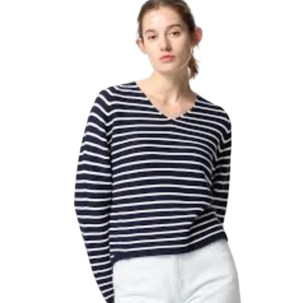 Uniqlo Striped V-Neck‎ Cotton 3D Knit  Sweater Navy Blue White Striped XL Preppy